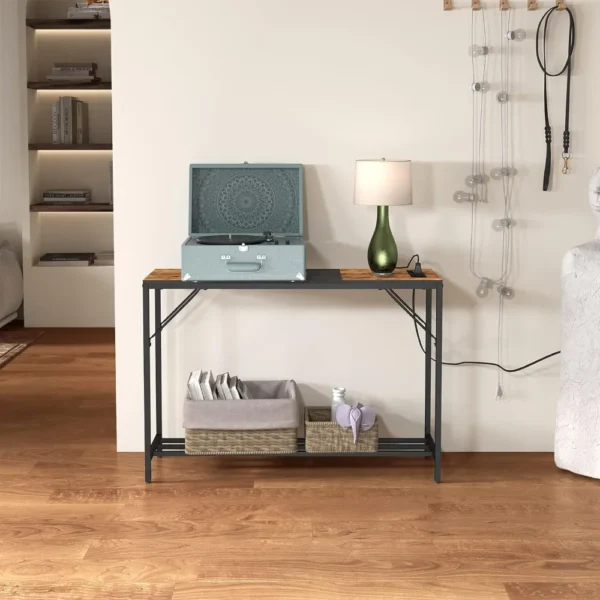 Console Table with Outlet and 2 USB Ports,41.7” Entryway Table with Storage Shelf,Narrow Sofa Table Behind Couch for Living Room