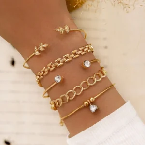 Trendy Geometric Link Chain Bracelet Set For Women Rhinestones Gold Color Leaves Heart Pendant Open Cuff Bangle Girls Jewelry